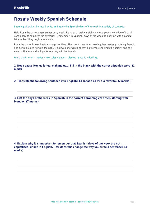 Free Days Of The Week Worksheet | Class 4 | Spanish | BookFlik worksheet preview — Spanish Days Of The Week