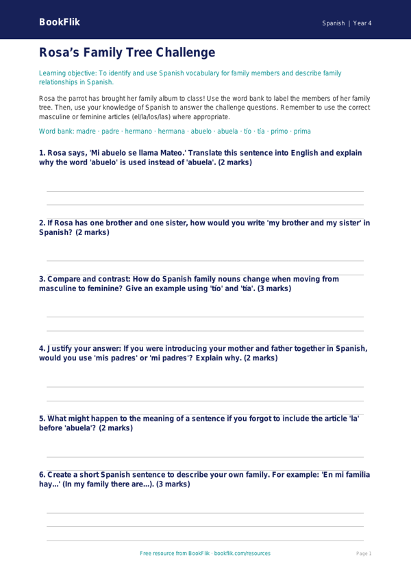 Class 4 Spanish Family Vocabulary Worksheet | CBSE Learning worksheet preview — Spanish Family