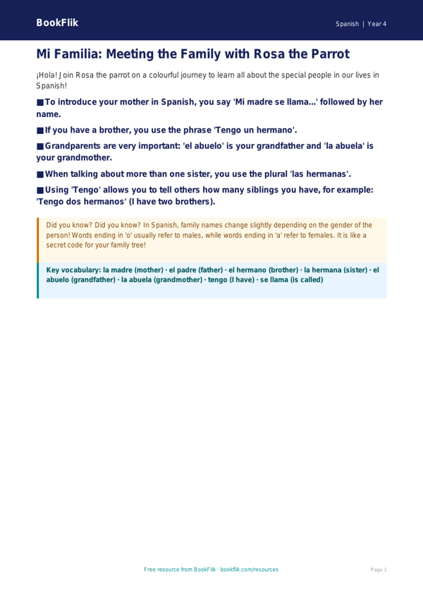 Family Members in Spanish | Class 4 CBSE Resource | BookFlik worksheet preview — Spanish Family