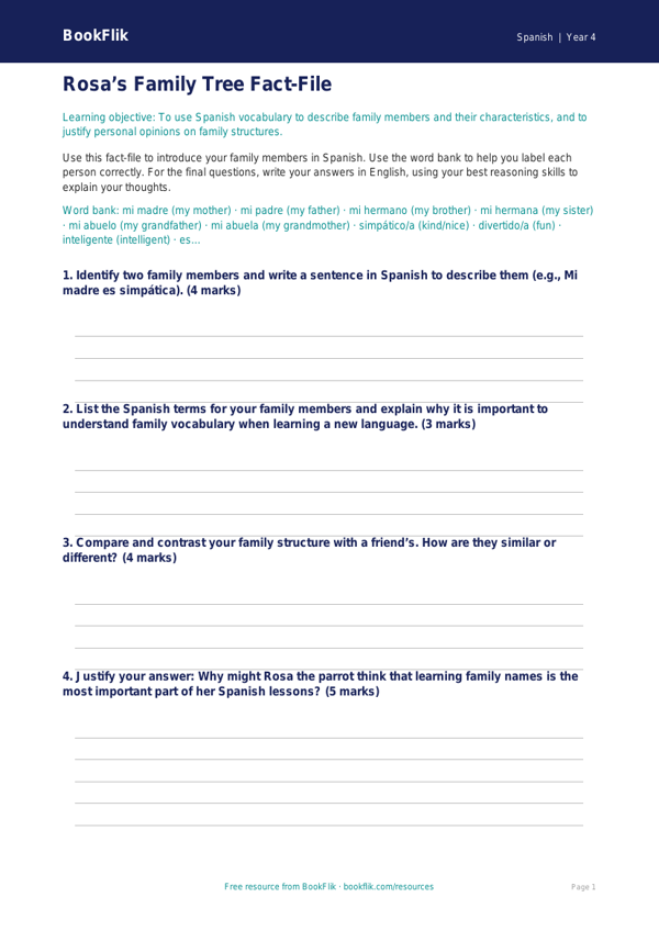 Class 4 Spanish Family Vocabulary Worksheet | CBSE Learning worksheet preview — Spanish Family