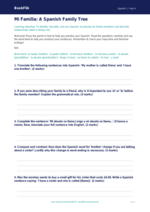 Free Family Worksheet | Class 4 | Spanish | BookFlik