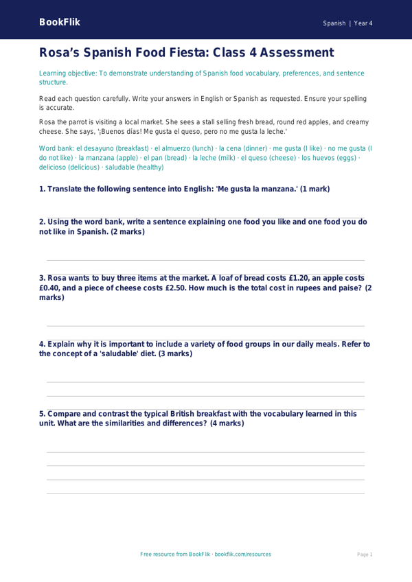 Spanish Food Vocabulary Assessment | Class 4 CBSE | BookFlik worksheet preview — Spanish Food