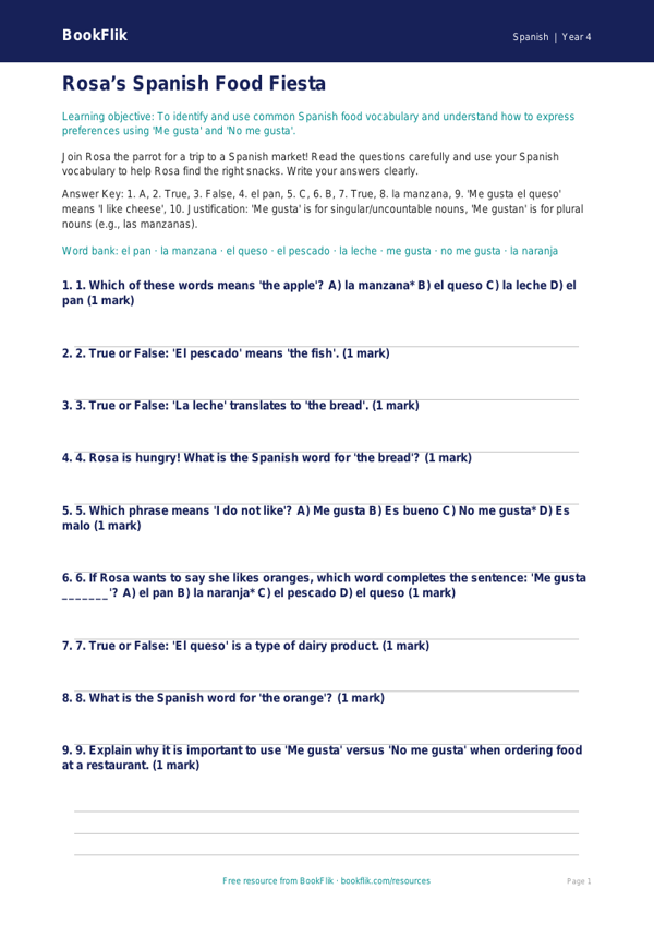 Spanish Food Quiz for Class 4 | CBSE Curriculum | BookFlik worksheet preview — Spanish Food