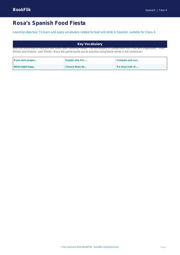 Spanish Food Vocabulary Word Mat | Class 4 CBSE | BookFlik worksheet preview — Spanish Food