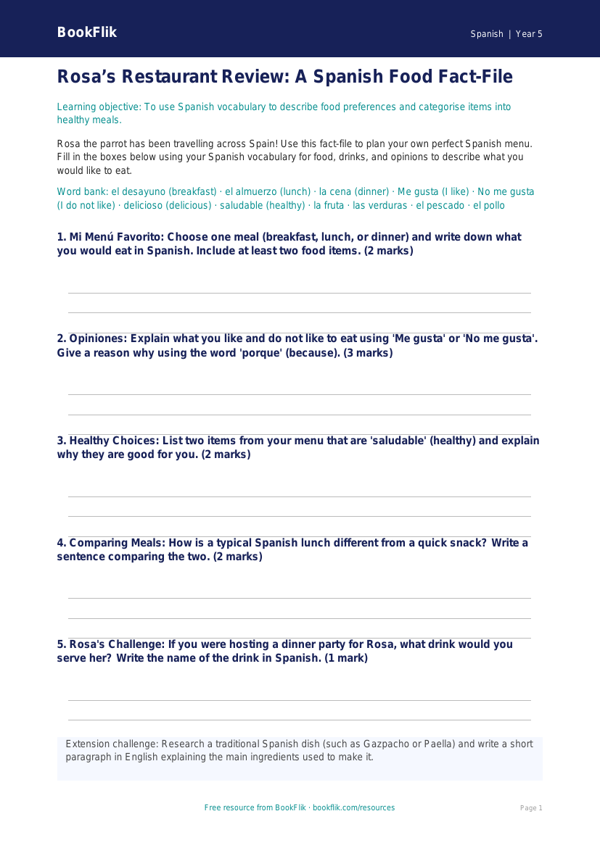 Class 5 Spanish Food Vocabulary Lesson | BookFlik Resources worksheet preview — Spanish Food
