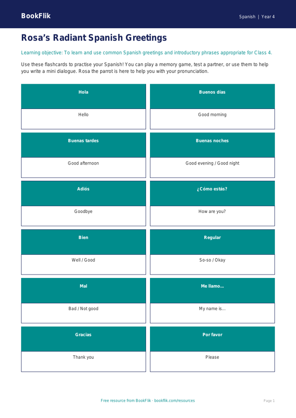 Spanish Greetings Flashcards for Class 4 | CBSE Curriculum | BookFlik worksheet preview — Spanish Greetings