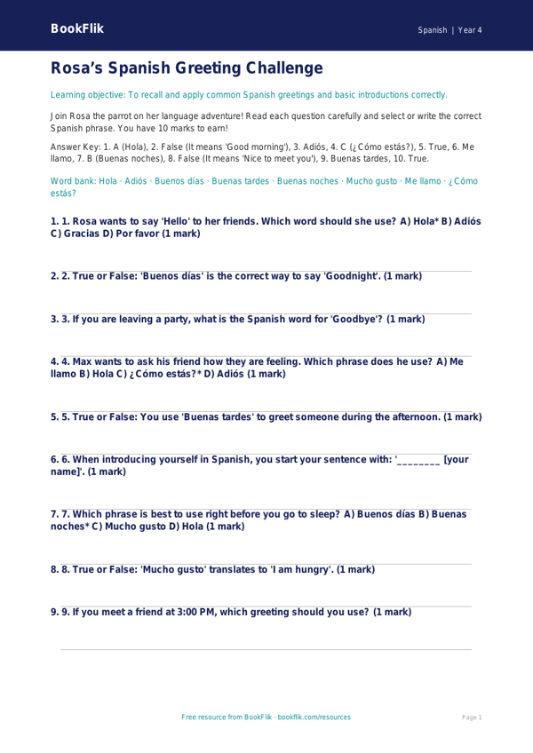 Spanish Greetings Quiz for Class 4 | CBSE Curriculum | BookFlik worksheet preview — Spanish Greetings