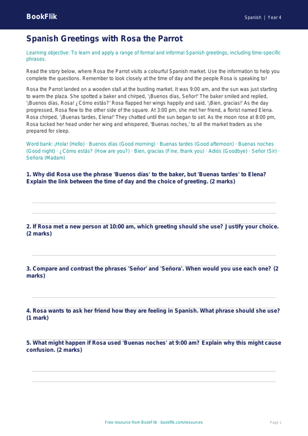 Free Spanish Greetings Track Sheet | Class 4 CBSE | BookFlik worksheet preview — Spanish Greetings