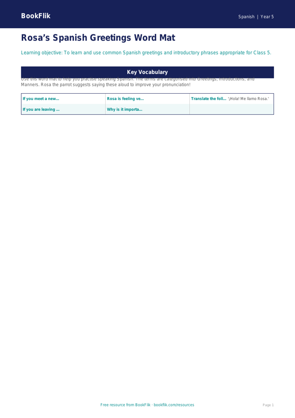 Free Spanish Greetings Word Mat | Class 5 CBSE | BookFlik worksheet preview — Spanish Greetings