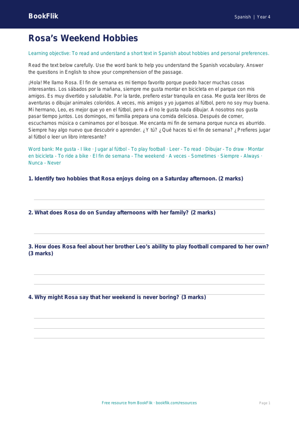 Hobbies Comprehension Class 4 Spanish | BookFlik Resources worksheet preview — Spanish Hobbies