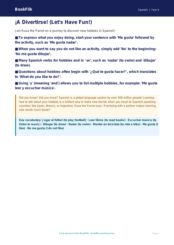 Spanish Hobbies Poster for Class 4 | CBSE Learning Resources worksheet preview — Spanish Hobbies