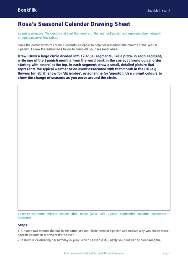 Free Months Of The Year Drawing Sheet | Class 4 | Spanish | BookFlik worksheet preview — Spanish Months Of The Year