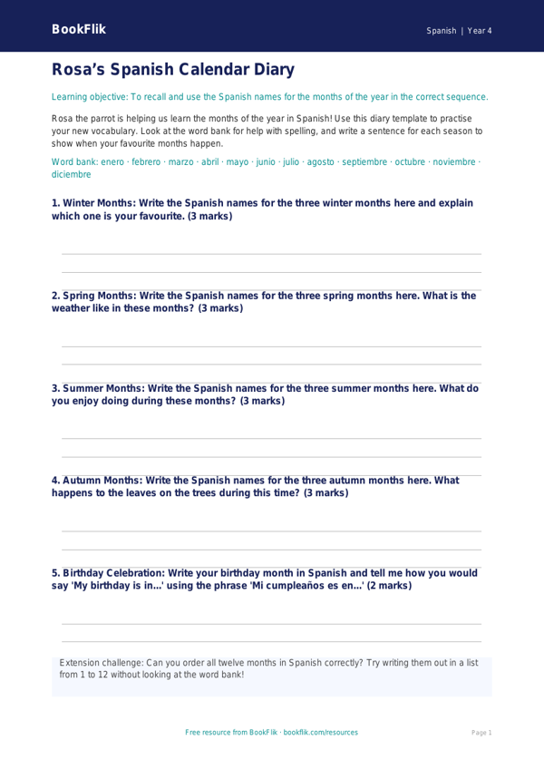 Free Months Of The Year Template | Class 4 | Spanish | BookFlik worksheet preview — Spanish Months Of The Year