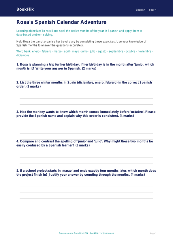 Free Months Of The Year Worksheet | Class 4 Spanish | BookFlik worksheet preview — Spanish Months Of The Year