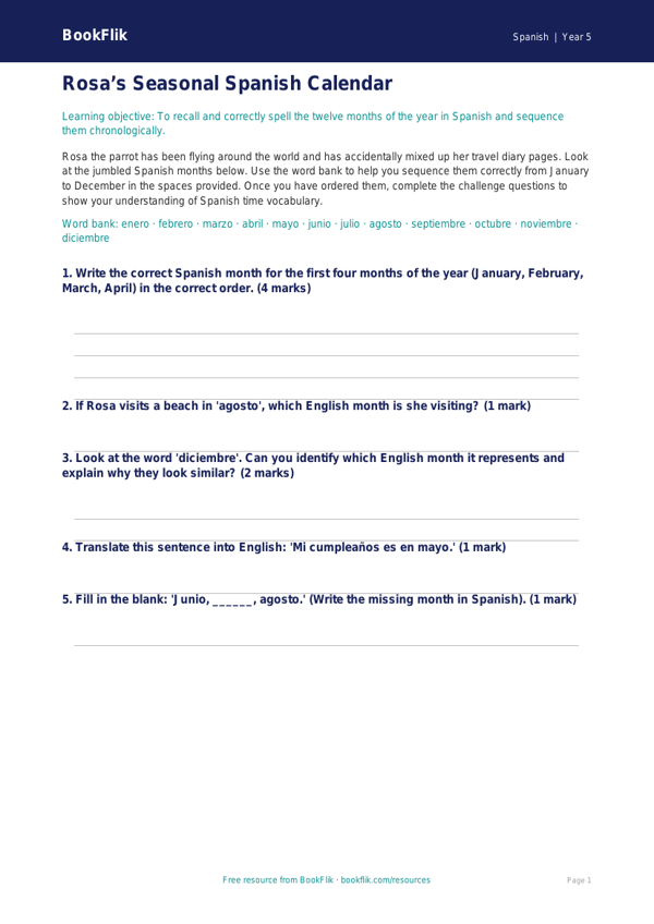 Free Months Of The Year Activity Sheet | Class 5 | Spanish | BookFlik worksheet preview — Spanish Months Of The Year