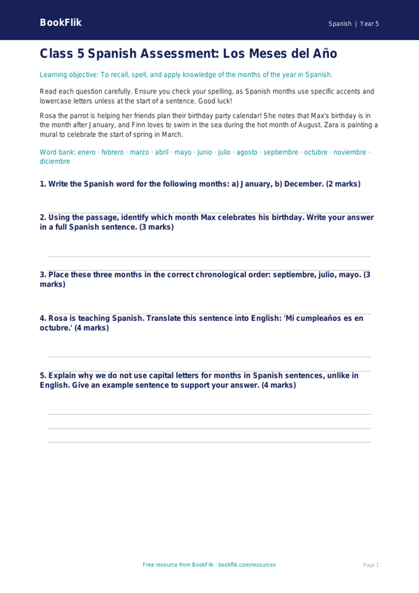 Free Months Of The Year Assessment | Class 5 | Spanish | BookFlik worksheet preview — Spanish Months Of The Year