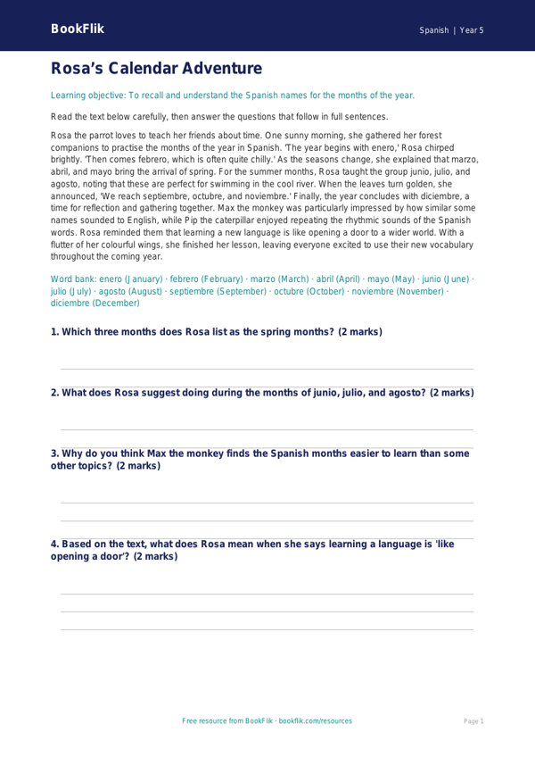 Months of the Year in Spanish | Class 5 CBSE Worksheet | BookFlik worksheet preview — Spanish Months Of The Year