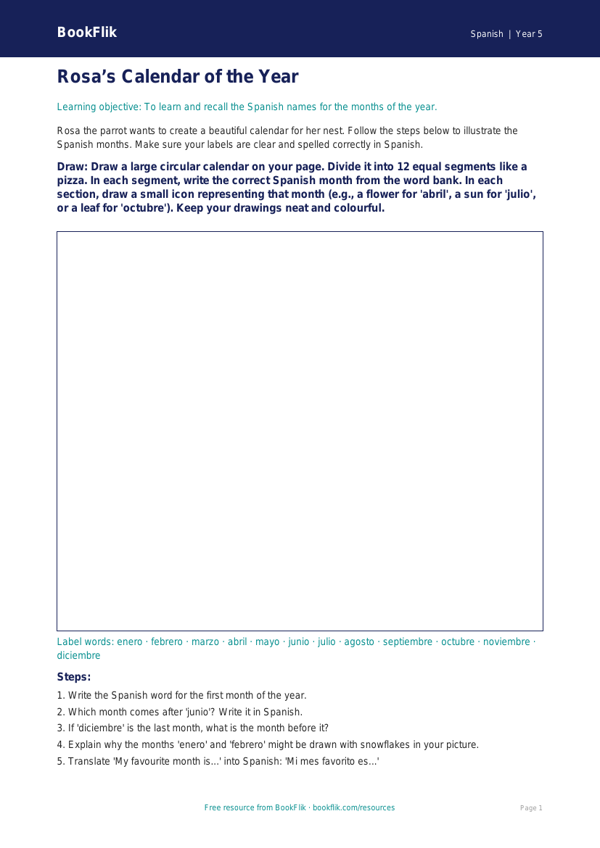 Free Months Of The Year Drawing Sheet | Class 5 | Spanish | BookFlik worksheet preview — Spanish Months Of The Year