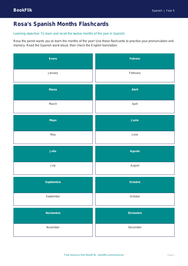 Free Months Of The Year Flashcards | Class 5 | Spanish | BookFlik worksheet preview — Spanish Months Of The Year