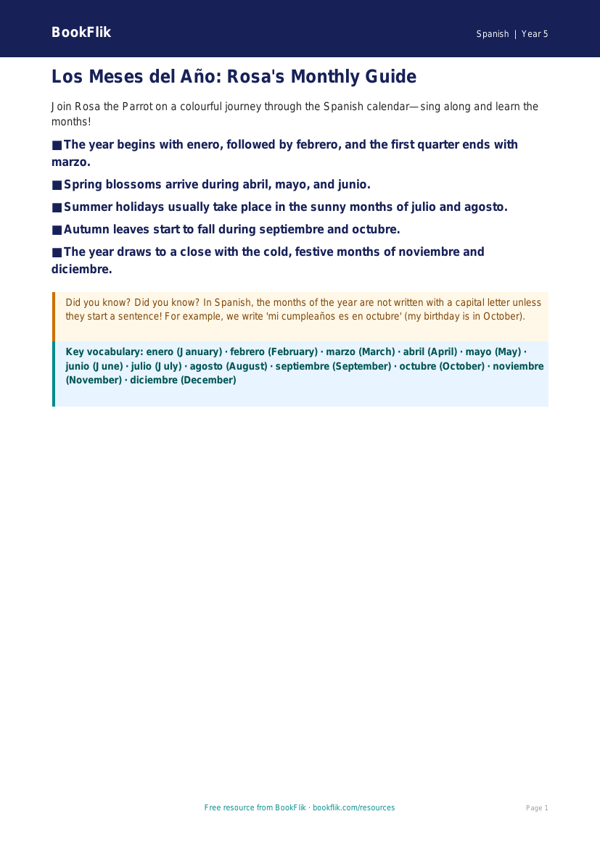 Free Months Of The Year Poster | Class 5 | Spanish | BookFlik worksheet preview — Spanish Months Of The Year