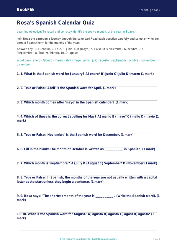 Months of the Year in Spanish Quiz | Class 5 CBSE | BookFlik worksheet preview — Spanish Months Of The Year