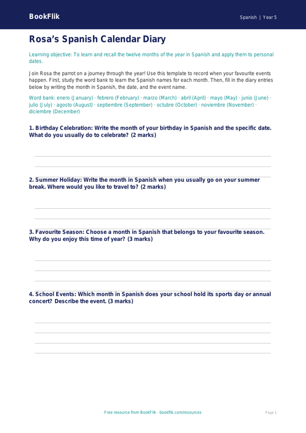 Free Months Of The Year Template | Class 5 | Spanish | BookFlik worksheet preview — Spanish Months Of The Year