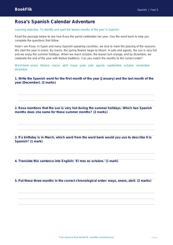 Free Months Of The Year Track Sheet | Class 5 | Spanish | BookFlik worksheet preview — Spanish Months Of The Year