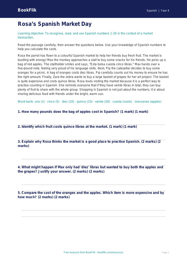 Spanish Numbers Comprehension for Class 4 | CBSE Maths & Language worksheet preview — Spanish Numbers