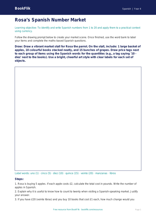Spanish Numbers Drawing Sheet for Class 4 | CBSE Maths & Language worksheet preview — Spanish Numbers