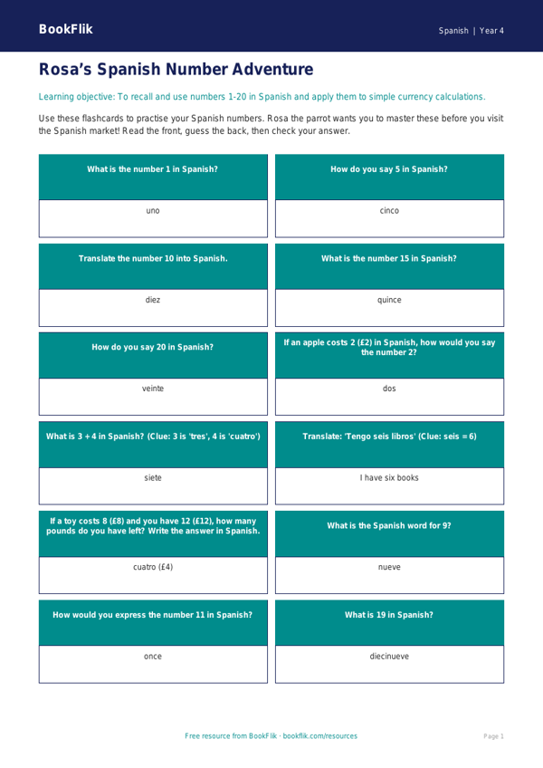 Spanish Numbers Flashcards for Class 4 | CBSE Curriculum | BookFlik worksheet preview — Spanish Numbers