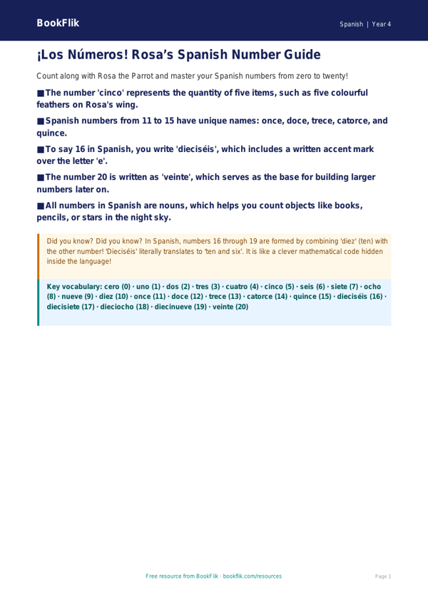 Spanish Numbers Poster for Class 4 | CBSE Maths & Languages worksheet preview โ Spanish Numbers