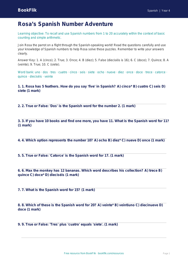 Spanish Numbers Quiz for Class 4 | CBSE Curriculum | BookFlik worksheet preview — Spanish Numbers