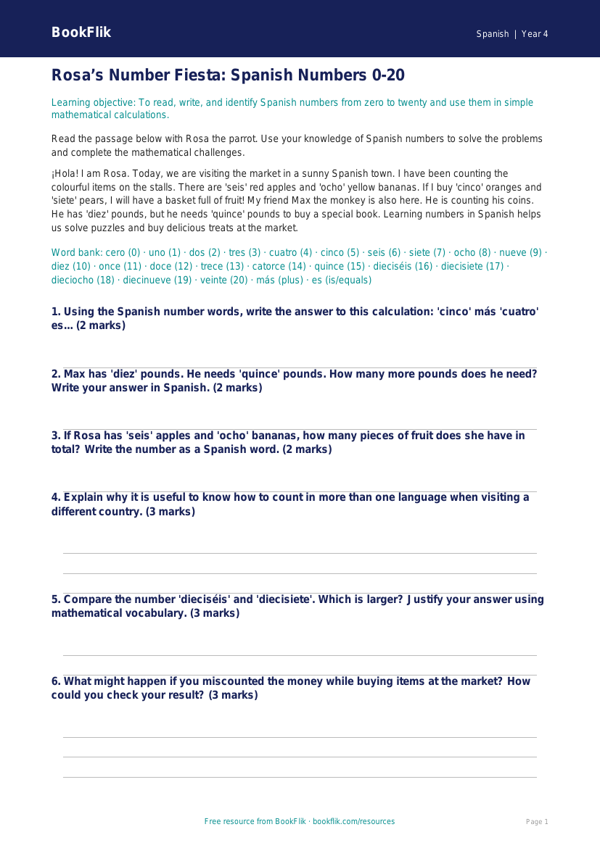 Spanish Numbers Track Sheet for Class 4 | CBSE Maths & Language worksheet preview โ Spanish Numbers