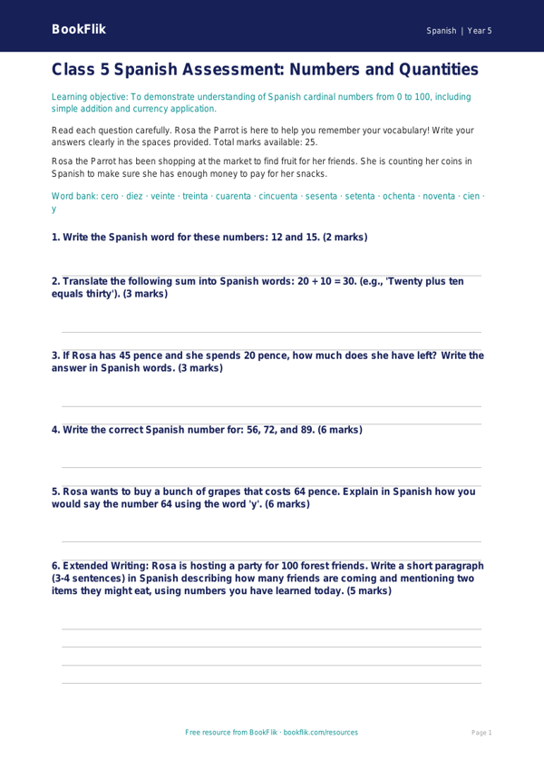 Numbers Assessment Class 5 | Spanish Learning | BookFlik worksheet preview — Spanish Numbers