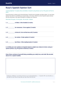 Spanish opinion phrases activity sheet class 4 core
