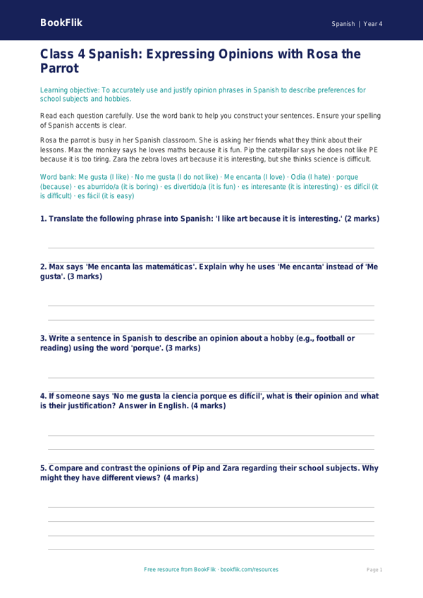 Opinion Phrases Assessment | Class 4 Spanish | CBSE Curriculum worksheet preview — Spanish Opinion Phrases