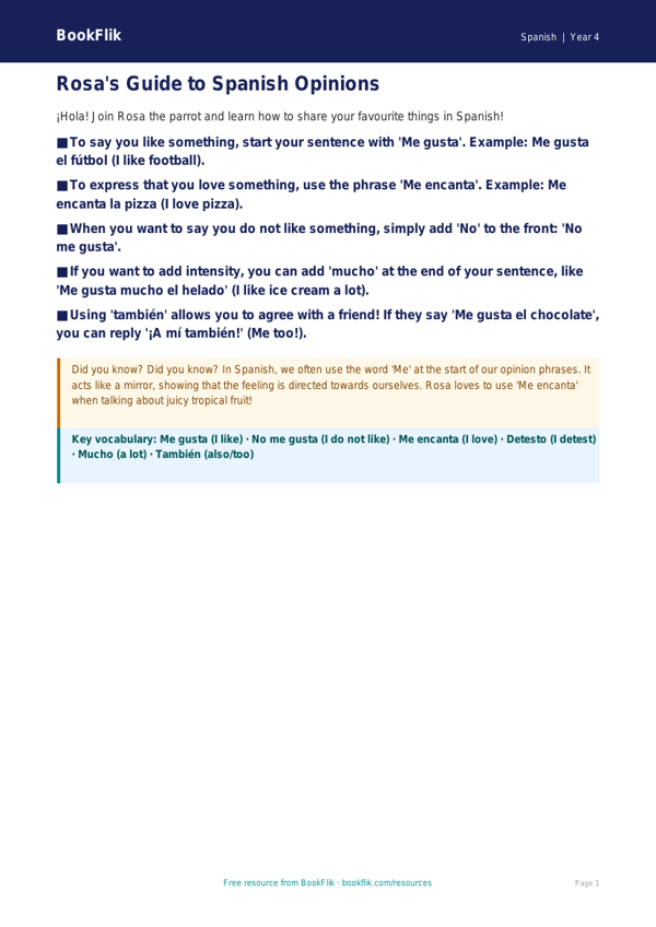 Free Opinion Phrases Poster | Class 4 | Spanish | BookFlik worksheet preview — Spanish Opinion Phrases
