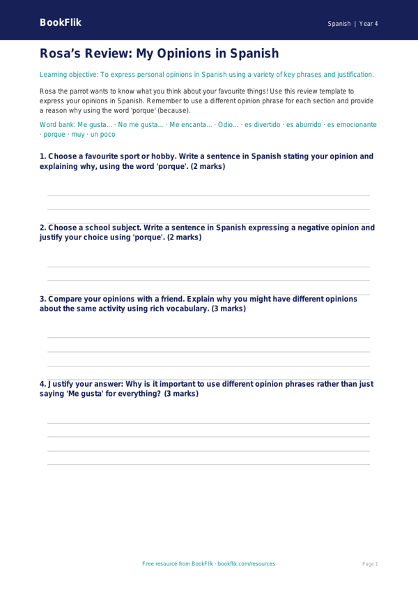Free Opinion Phrases Template | Class 4 | Spanish | BookFlik worksheet preview — Spanish Opinion Phrases