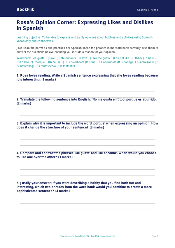 Free Opinion Phrases Worksheet | Class 4 | Spanish | BookFlik worksheet preview — Spanish Opinion Phrases