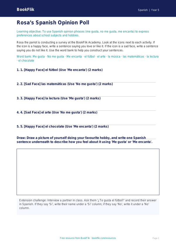 Free Opinion Phrases Activity Sheet | Class 5 | Spanish | BookFlik worksheet preview — Spanish Opinion Phrases
