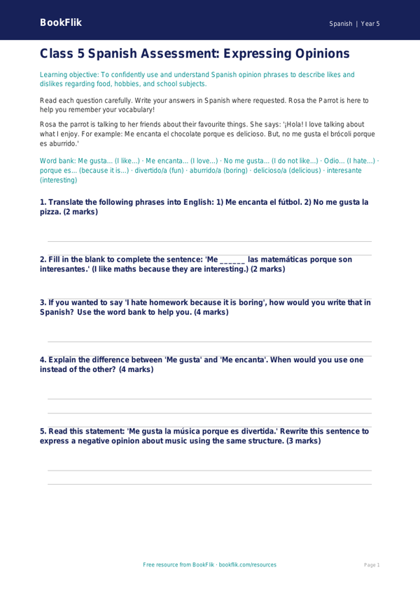 Free Opinion Phrases Assessment | Class 5 | Spanish | BookFlik worksheet preview — Spanish Opinion Phrases