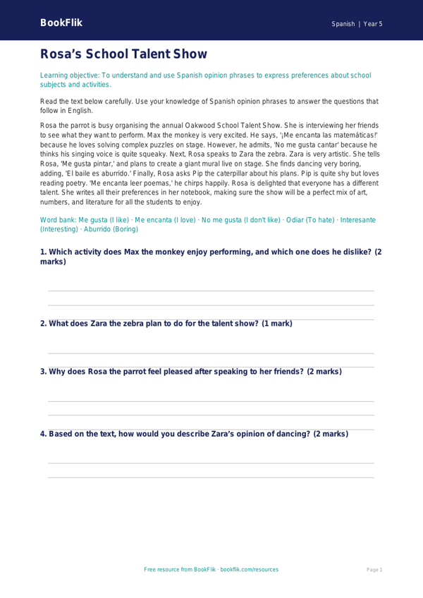 Spanish Opinion Phrases Worksheet | Class 5 CBSE | BookFlik worksheet preview — Spanish Opinion Phrases
