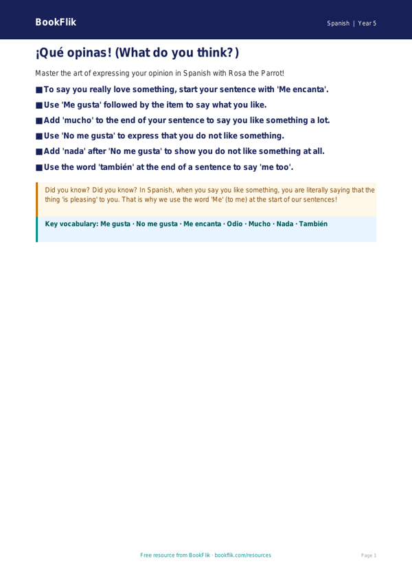 Spanish Opinion Phrases Poster for Class 5 | CBSE Learning worksheet preview — Spanish Opinion Phrases