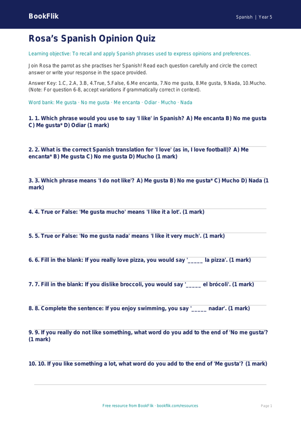 Spanish Opinion Phrases Quiz for Class 5 | CBSE Spanish Learning worksheet preview — Spanish Opinion Phrases