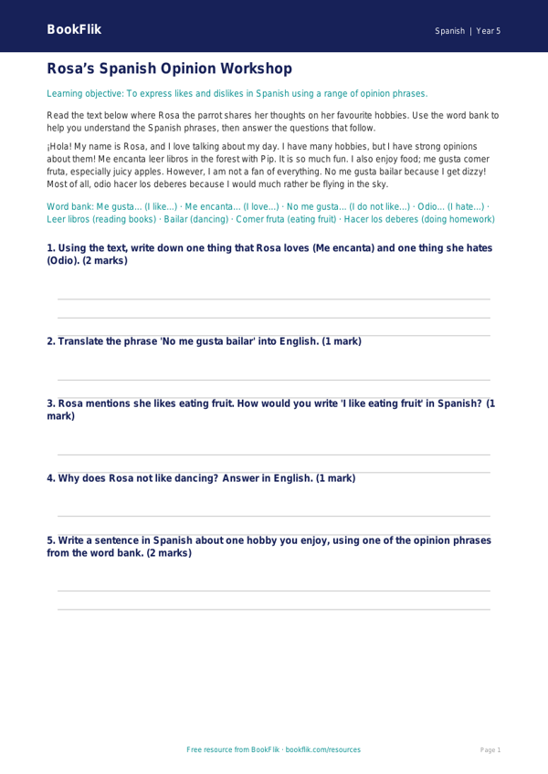 Free Spanish Opinion Phrases Track Sheet | Class 5 CBSE | BookFlik worksheet preview — Spanish Opinion Phrases