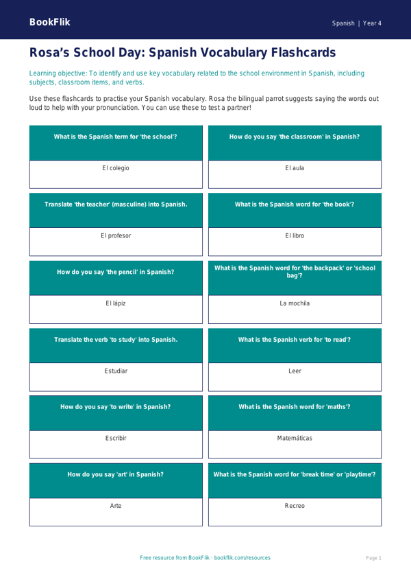 Free School Flashcards | Class 4 | Spanish | BookFlik worksheet preview — Spanish School