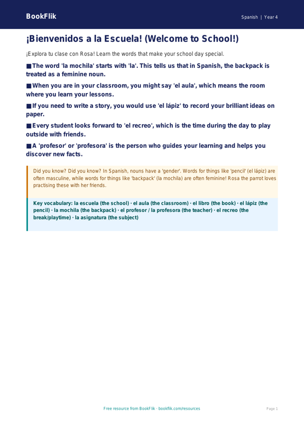 Free School Poster | Class 4 | Spanish | BookFlik worksheet preview — Spanish School