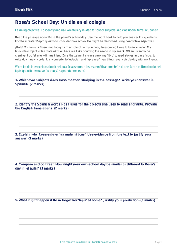 Class 4 Spanish School Vocabulary Worksheet | CBSE Curriculum worksheet preview — Spanish School