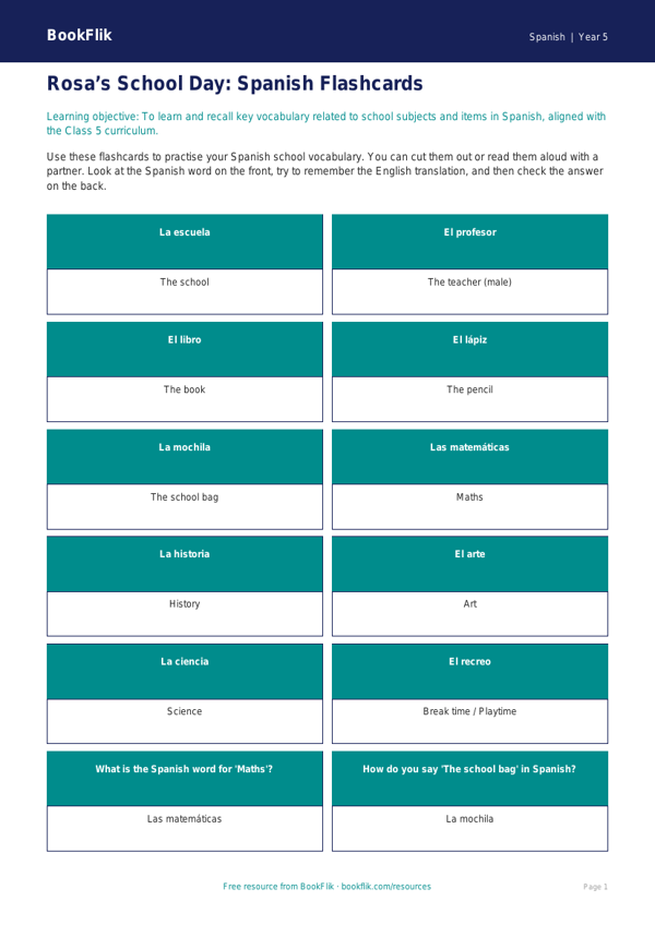 Free School Flashcards | Class 5 | Spanish | BookFlik worksheet preview — Spanish School