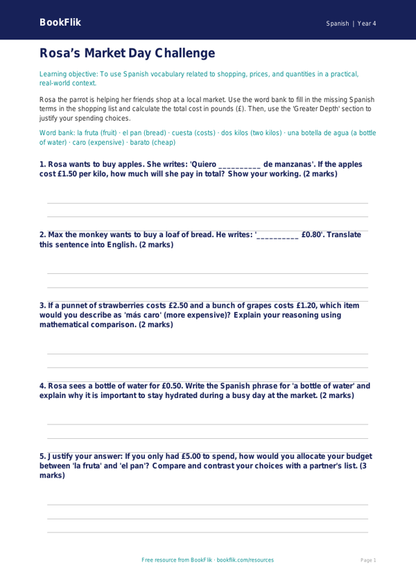Shopping in Spanish Activity Sheet | Class 4 CBSE | BookFlik worksheet preview — Spanish Shopping
